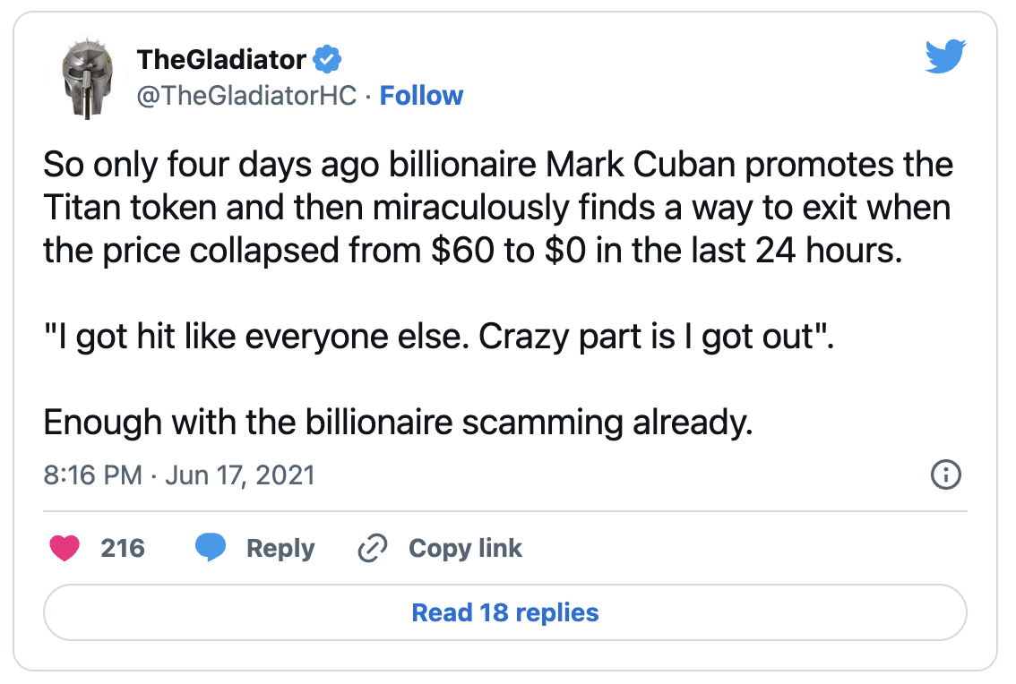 Mark Cuban tweet — I got hit like everyone else. Crazy part is I got out.