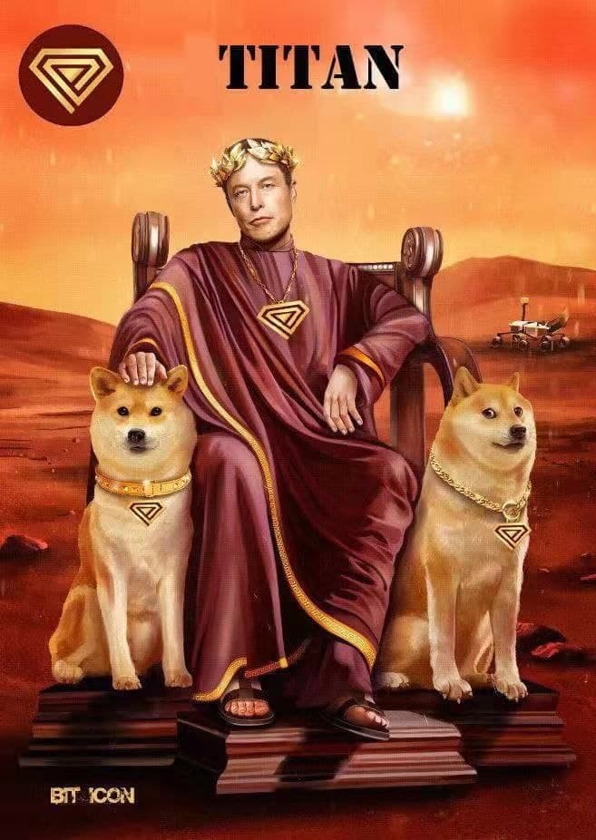 Elon Musk painted as a Roman emperor on a Martian throne flanked by two Doge shibas wearing TITAN medallions