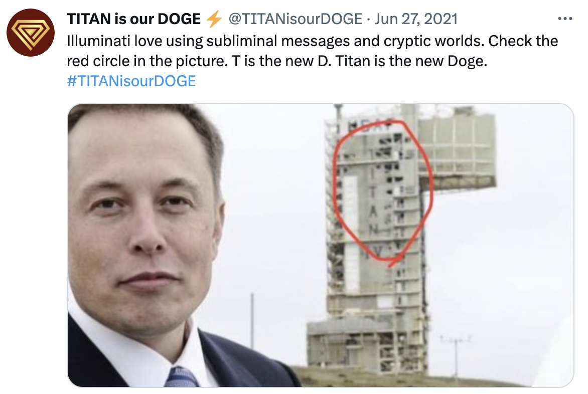 @TITANisourDOGE tweet about an Illuminati subliminal message — TITAN spelled vertically on a launch tower next to Elon Musk, circled in red