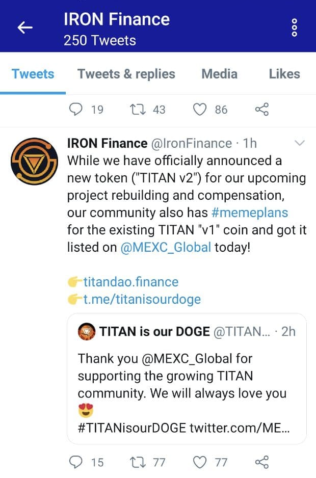IRON Finance tweet acknowledging the TITAN v1 community memeplans and MEXC listing, retweeting @TITANisourDOGE